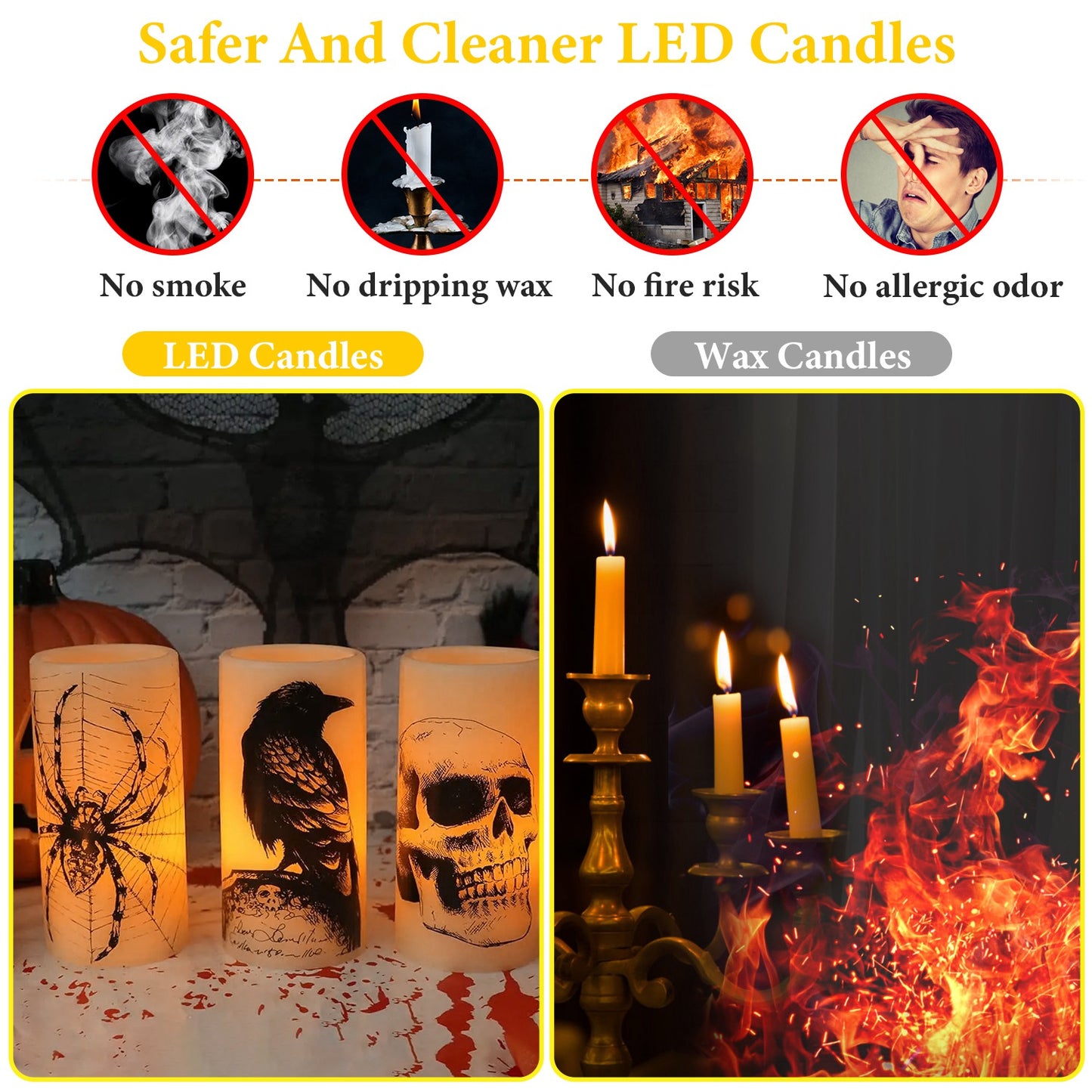 3-Pack Halloween Flameless Candles – Battery Operated Warm Orange LED with Timer