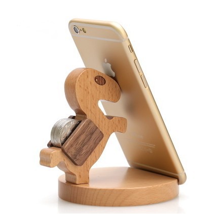 Creative Beech Wood Lazy Phone Holder With Coin Slot