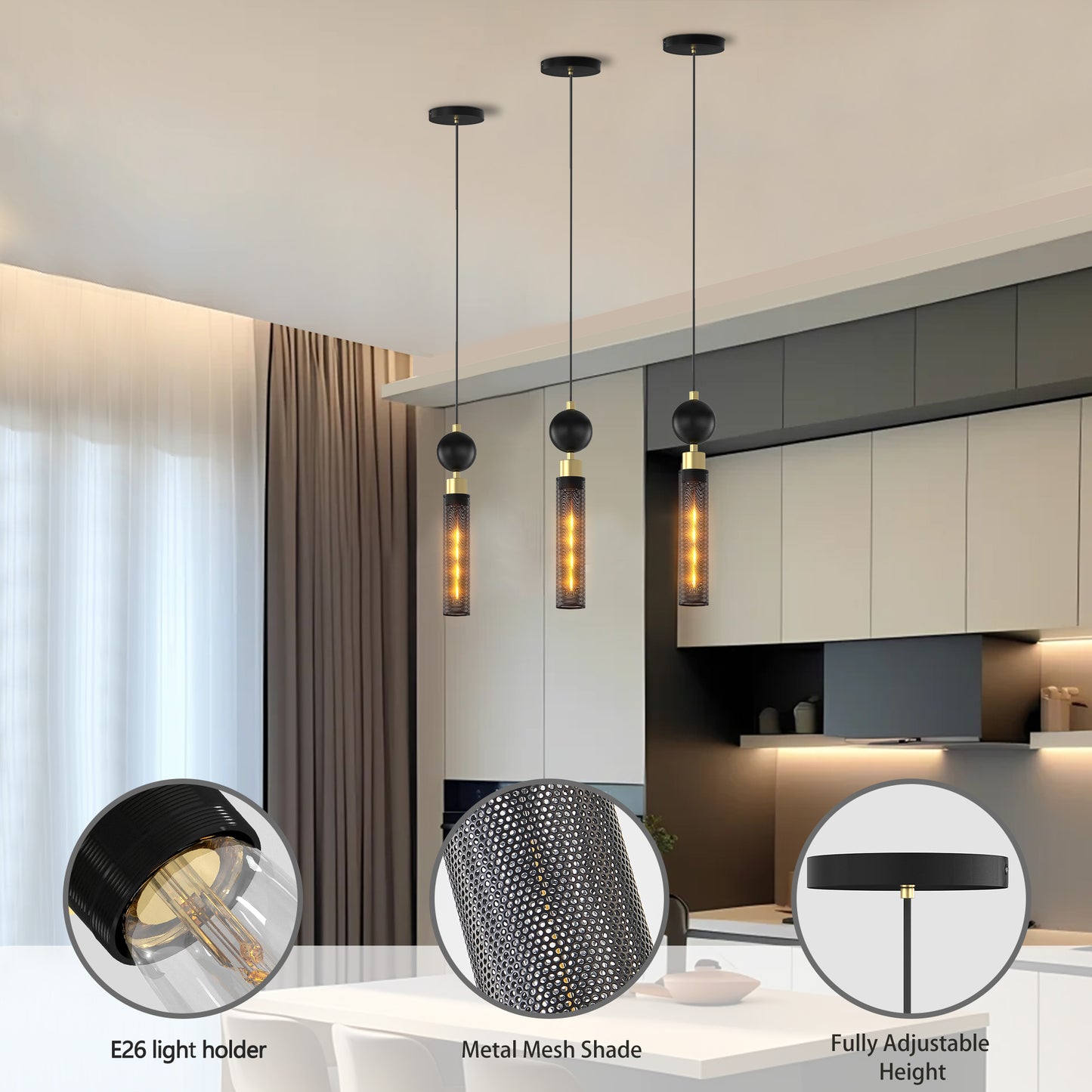 Modern Black Wrought Iron Pendant Light Adjustable Kitchen Island Chandelier