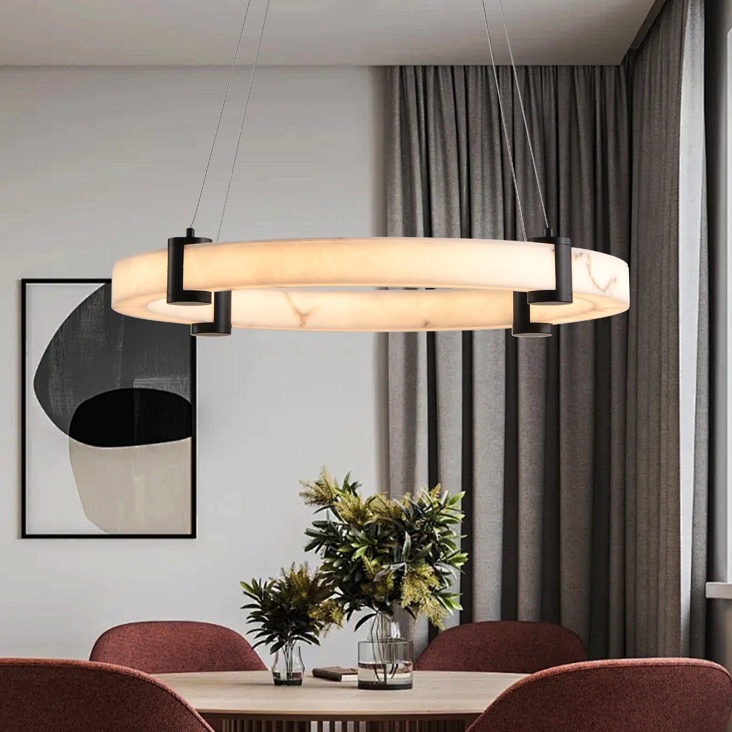 Modern LED Ring Pendant Light 24-Inch Marble Finish Chandelier