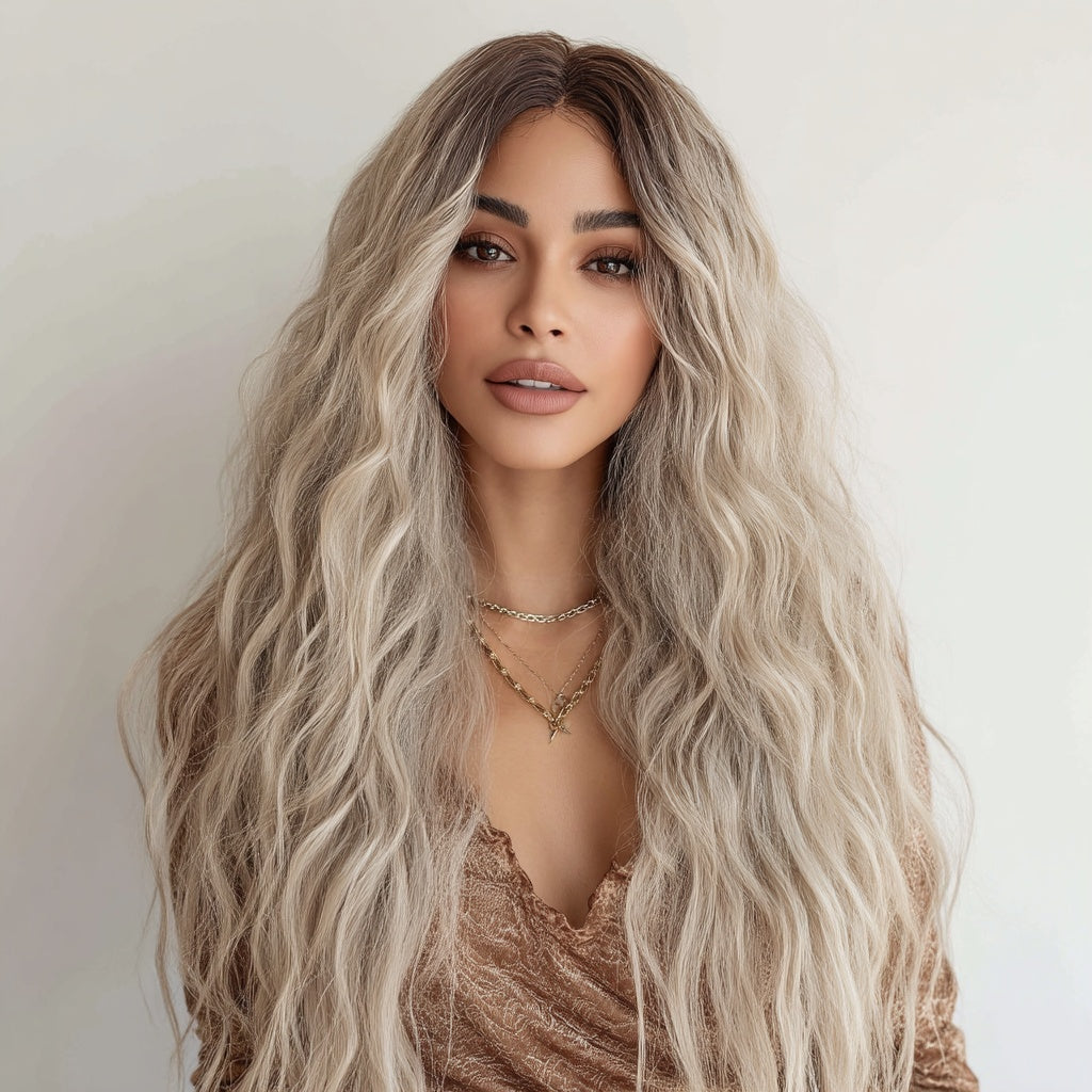 Gray Ombre Wavy Curly Lace Front Wig – European & American Style T-Shaped SM9017 for Women