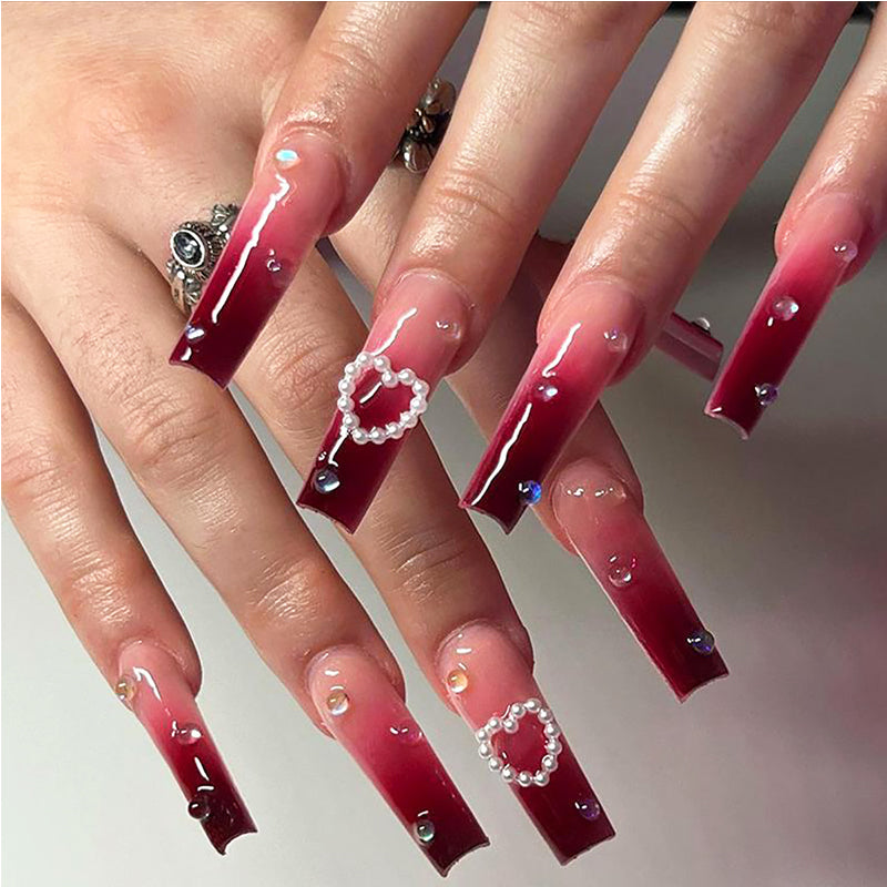24PCS Red Heart Square Long False Nail Tips – Long Water Pipe Style Nail Art