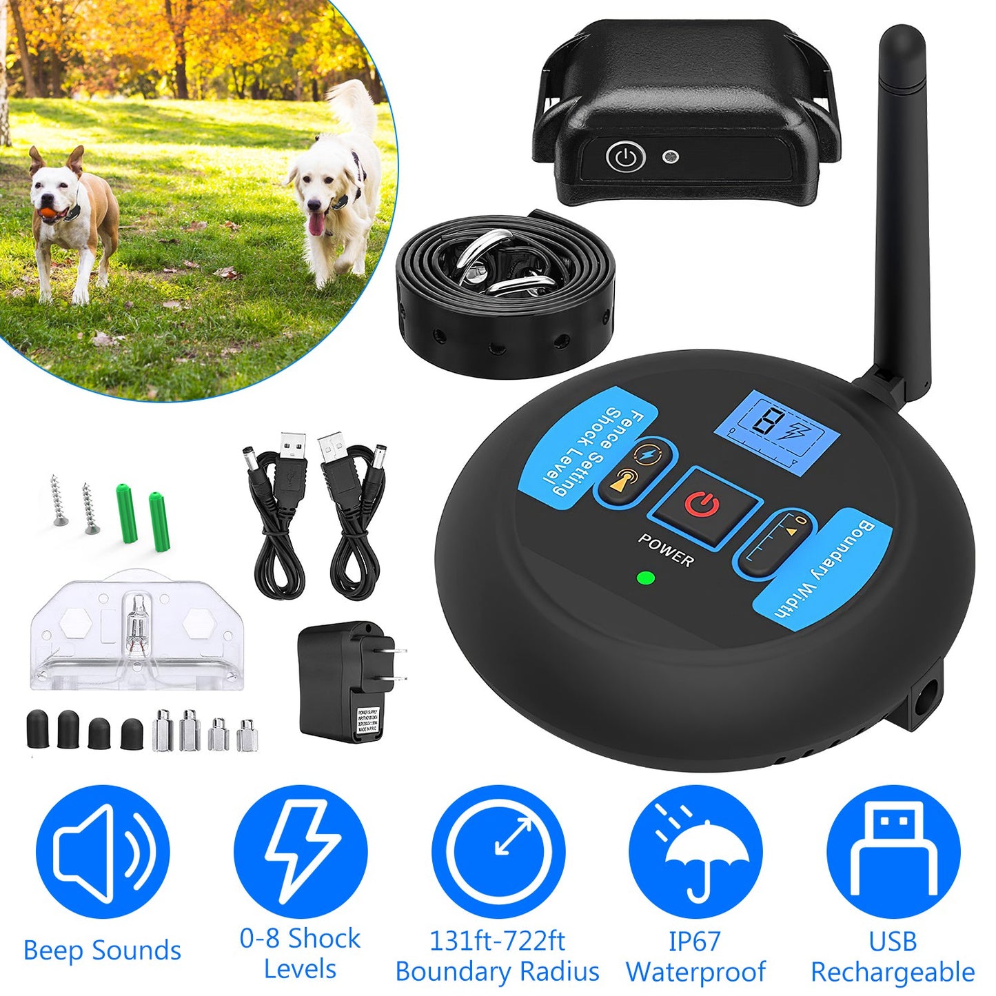 Wireless Dog Fence with Electric Training Collar Shock Boundary System for All Dog Sizes