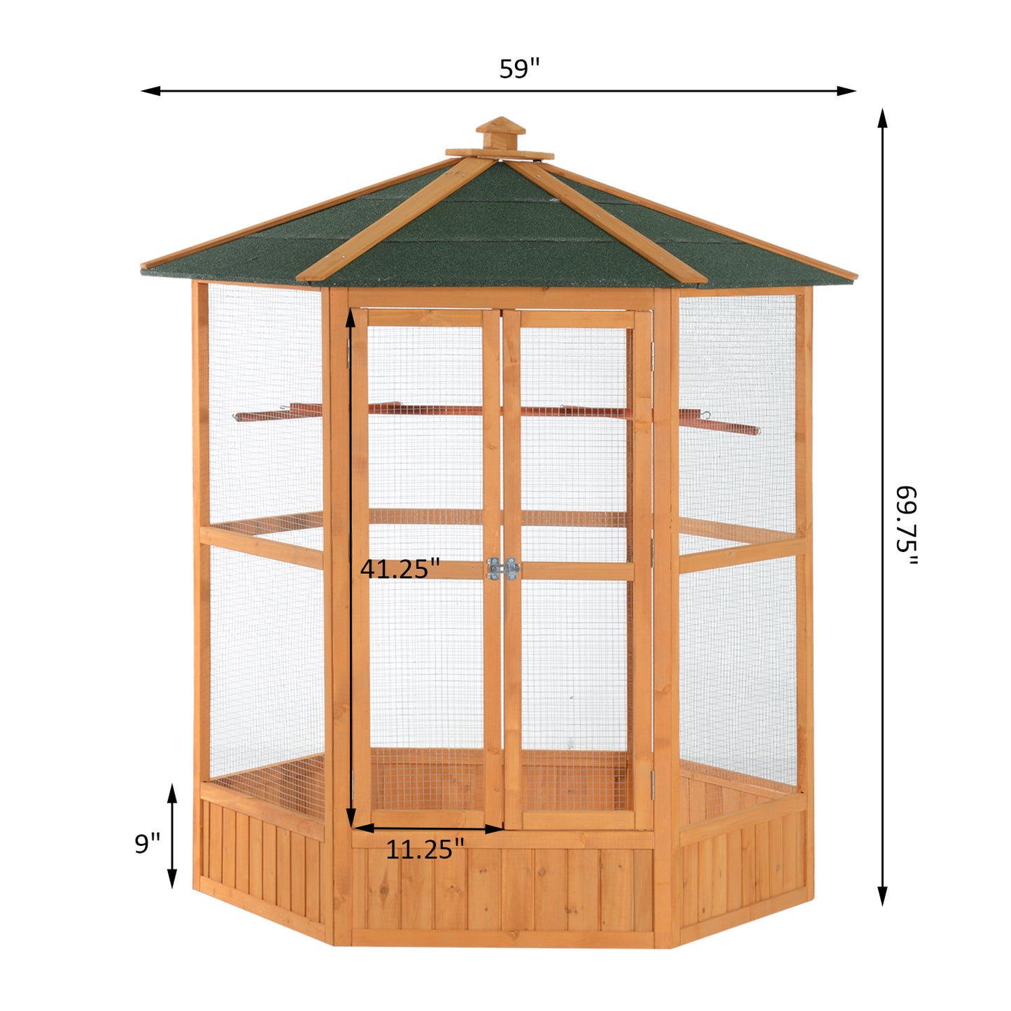 Large 69" Wooden Hexagonal Outdoor Bird Aviary Flight Cage with Protective Covered Roof
