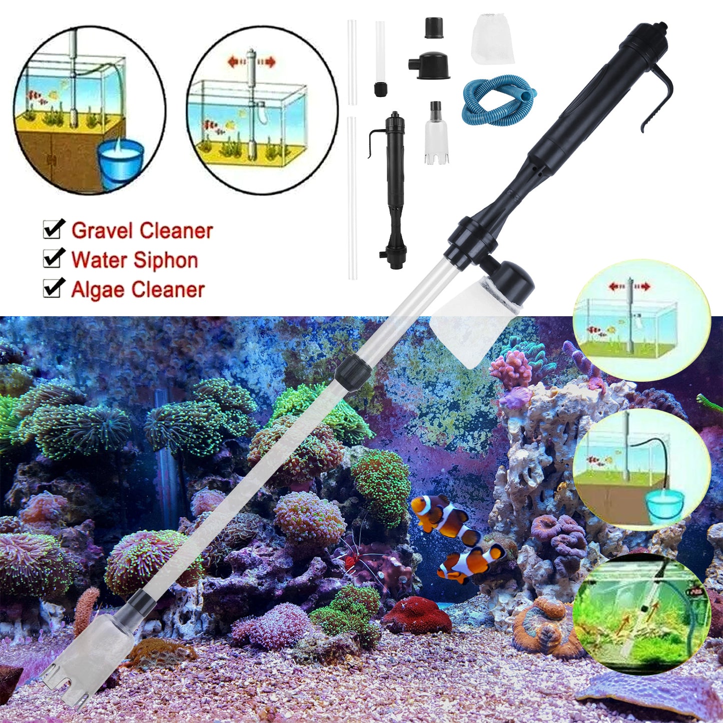 Battery-Operated Aquarium Gravel Vacuum Cleaner – Fish Tank Water & Gravel Cleaner