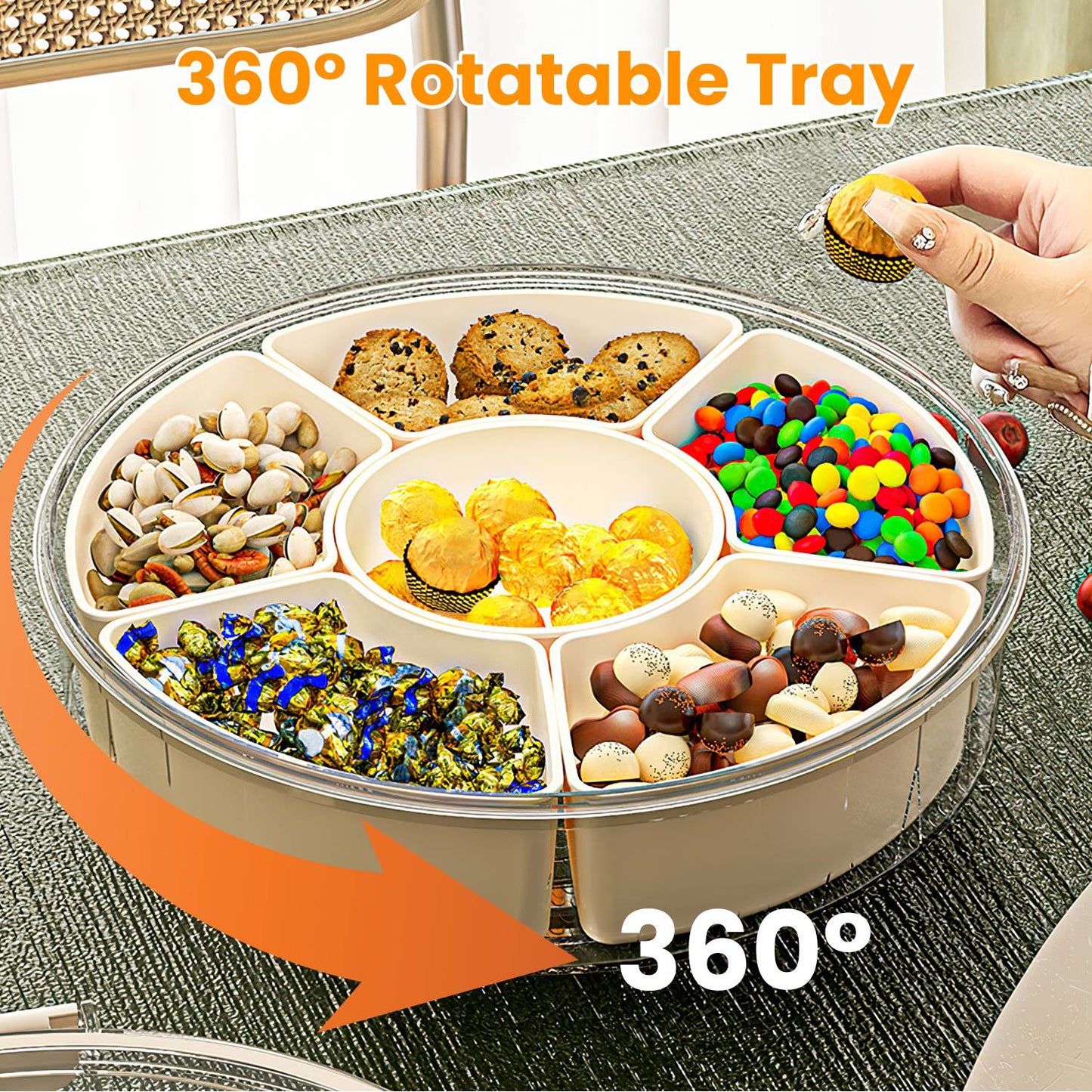 2PCS Rotating Divided Serving Tray with Lid & Handle – 6-Compartment Snack Box