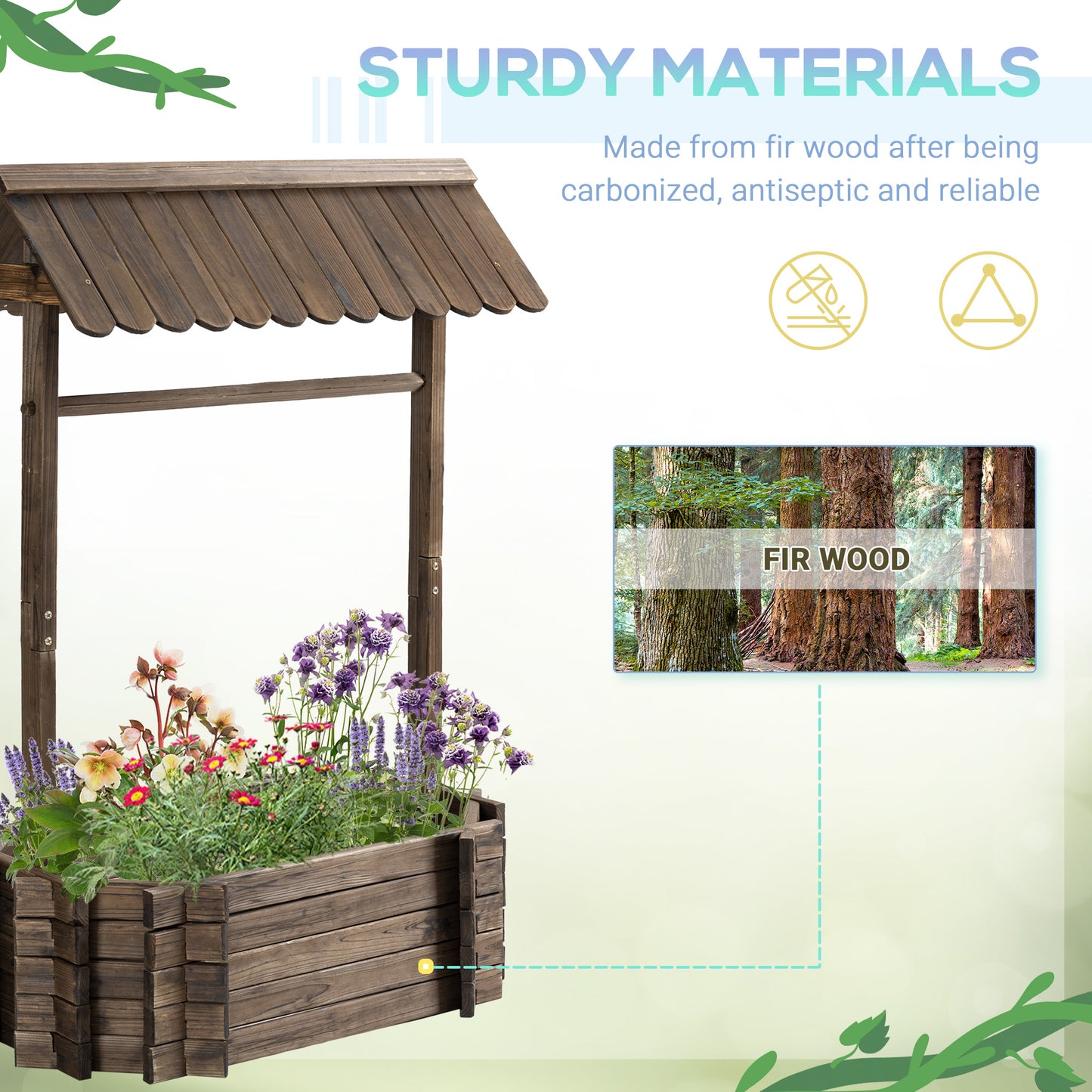 Wishing Well Wooden Planter – Raised Garden Bed for Outdoor Flowers & Garden Decor