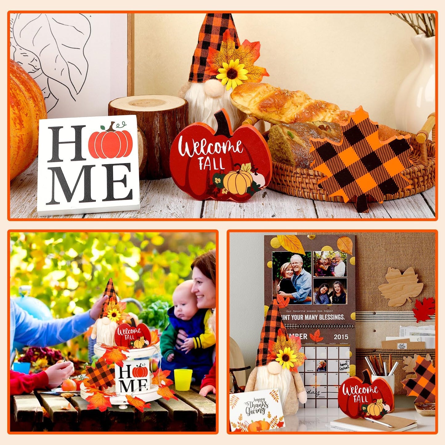 Fall Gnome Tiered Tray Set with Pumpkin & Maple Leaf Decor