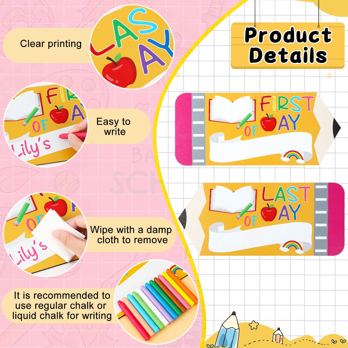 First & Last Day of School Board Sign – Double-Sided Pencil Chalkboard for Kindergarten & Preschool