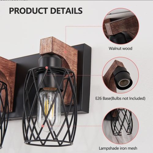 18-Inch Industrial 3-Light Wall Sconce Black Cage Wooden Accents