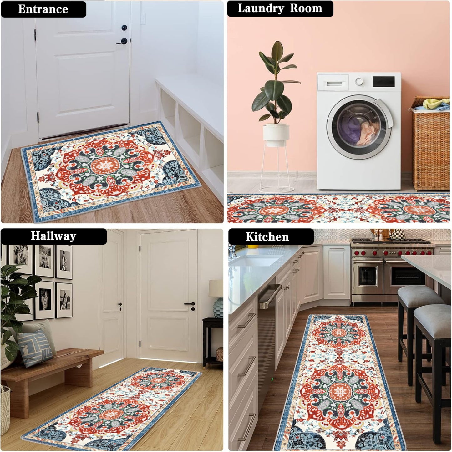Boho 3-Piece Kitchen Rug Set – Washable Non-Slip Floor Mats with TPR Backing for Kitchen, Laundry & Hallway