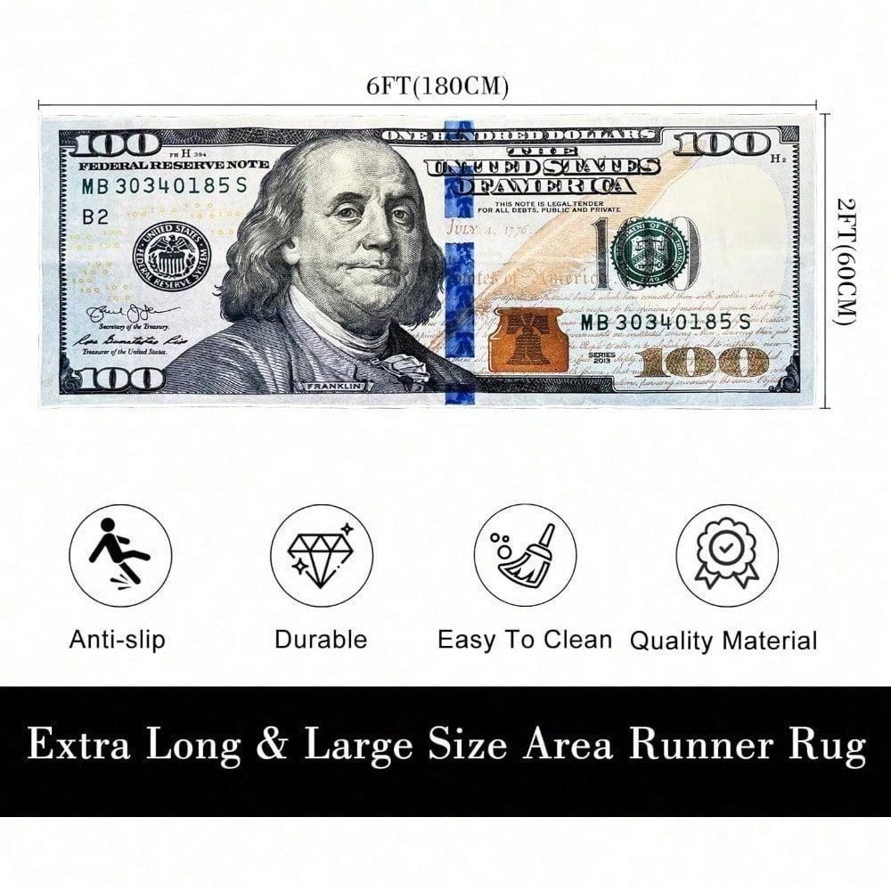 $100 Design Area Rug – Currency-Inspired Non-Slip Carpet for Living Room & Entryway
