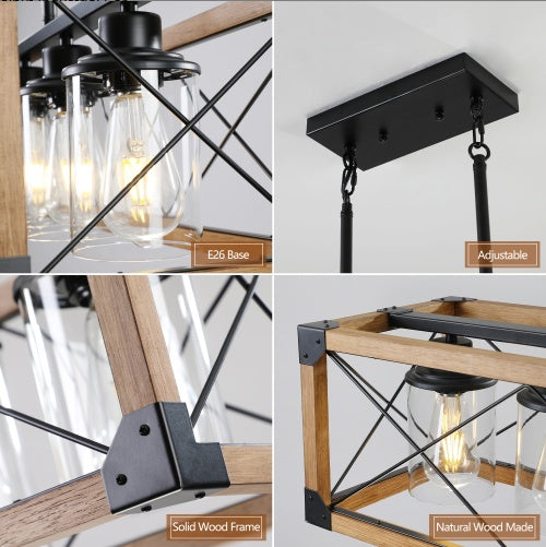 32-Inch Walnut Industrial Farmhouse 5-Light Rectangle Pendant