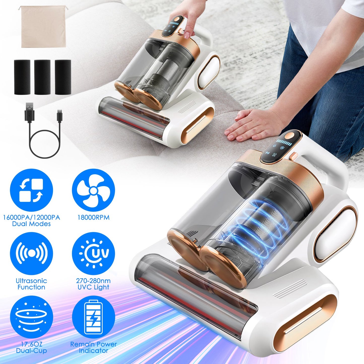 16KPa Mattress Vacuum Cleaner Handheld UV Bed Vacuum