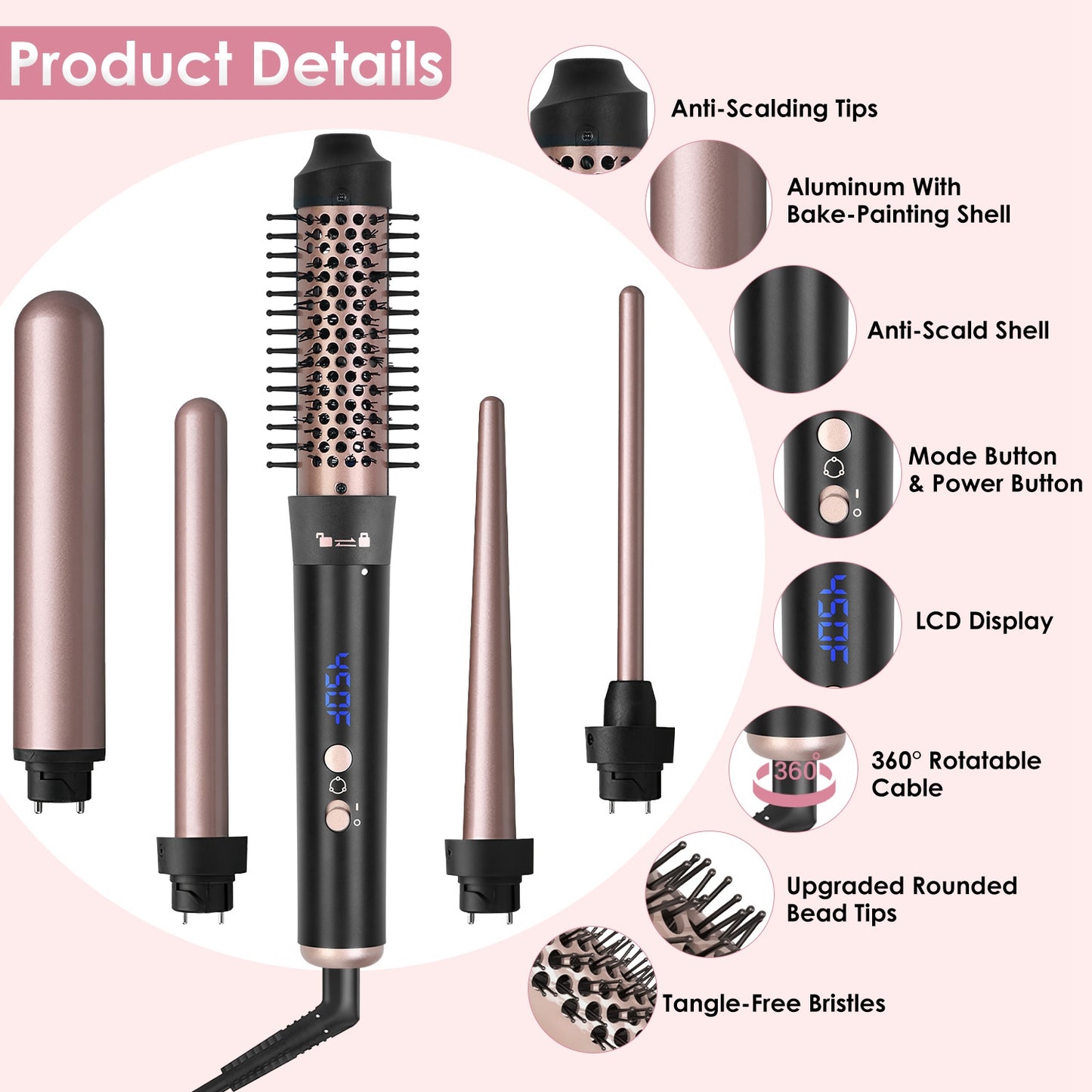 5-in-1 Curling Wand & Thermal Hair Brush – 4 Heat Levels, 360° Rotating, Anti-Tangle