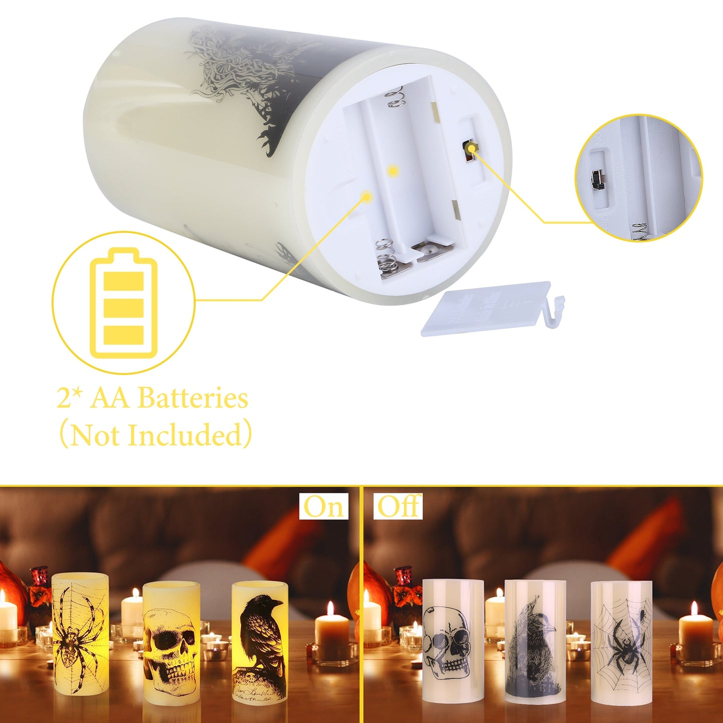 3-Pack Halloween Flameless Candles – Battery Operated Warm Orange LED with Timer