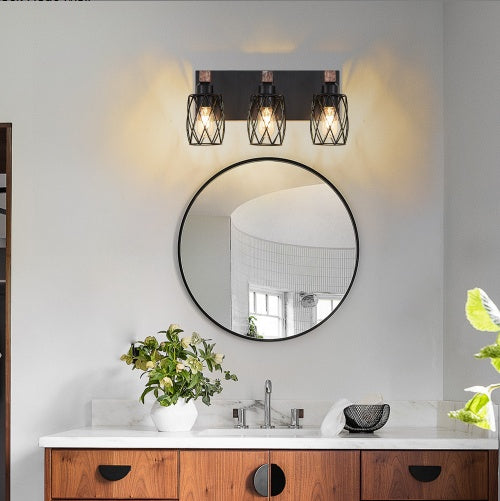 18-Inch Industrial 3-Light Wall Sconce Black Cage Wooden Accents