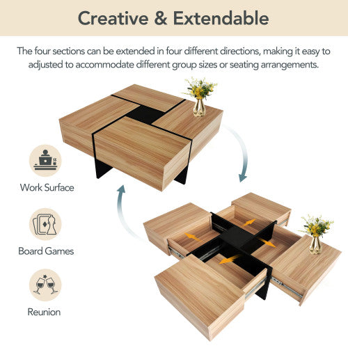 Unique Design Coffee Table – 4 Hidden Storage Compartment Living Room Table
