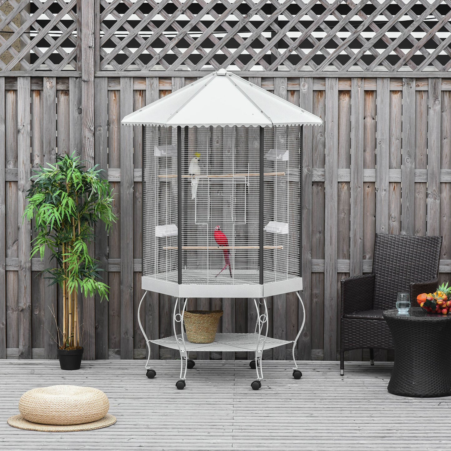 77” Hexagon Portable Flight Bird Cage Aviary with Covered Canopy & Storage Shelf