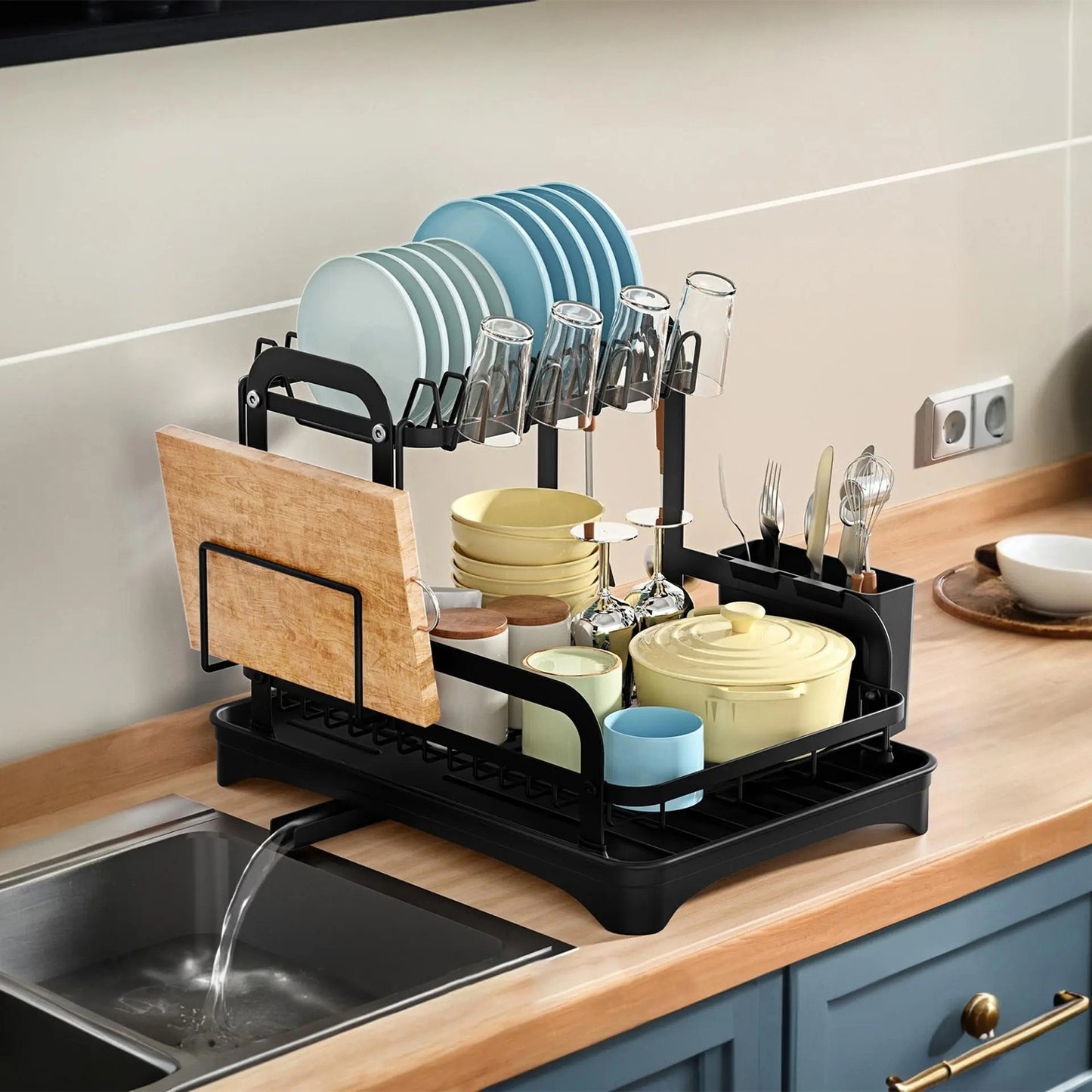 2-Tier Dish Drying Rack – Rustproof Kitchen Counter Organizer with Drainboard & Utensil Holder