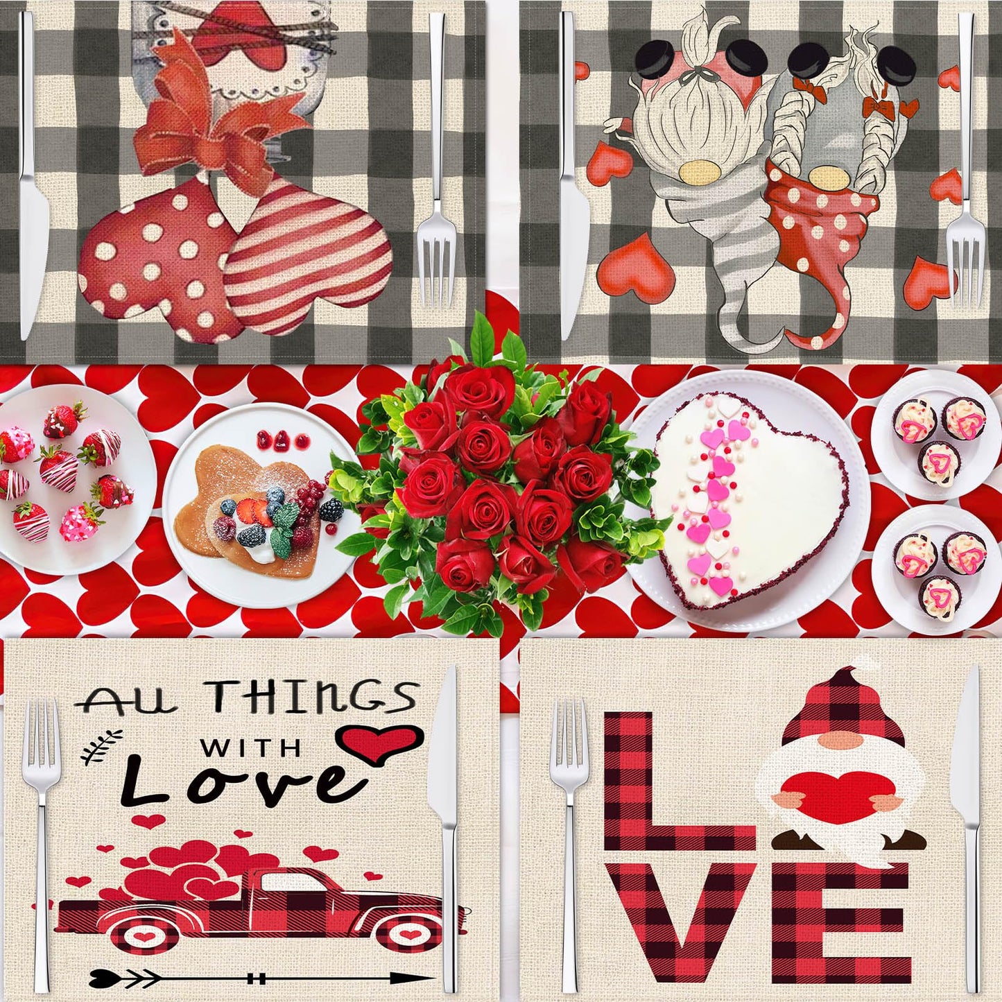 Valentine’s Day Placemats Set of 4 – Gnomes & Hearts Holiday Table Decor