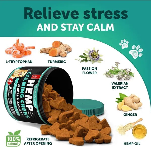 Hemp Calming Chews for Dogs – Anxiety Relief & Joint Support with Hemp Oil, Turmeric, Valerian & Ginger – 120 Soft Treats