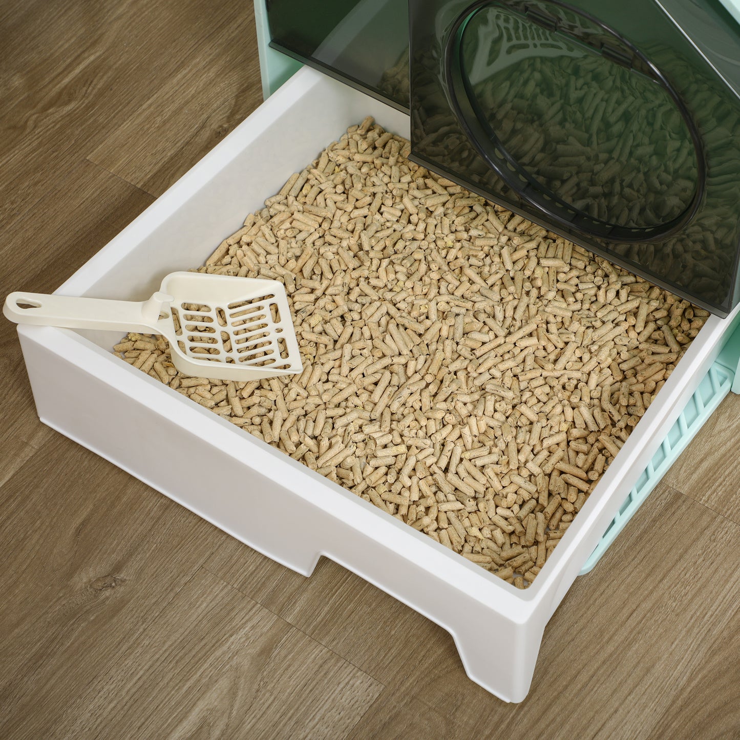 Hooded Cat Litter Box with Litter Mat – Particle Catching Design, Light Blue