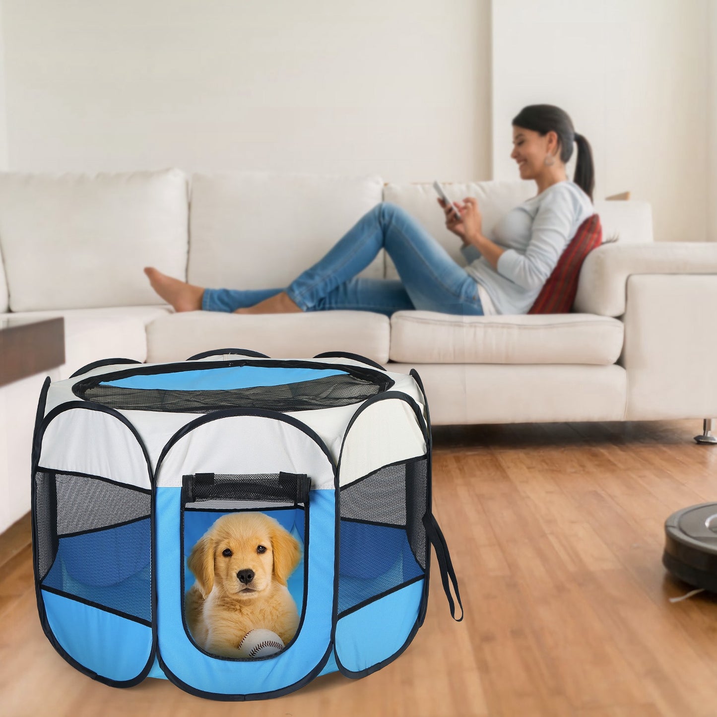 Pink & Blue Portable Foldable Pet Tent Exercise Pen – Indoor & Outdoor Kennel with Removable Zipper Top & Bottom, Water-Resistant for Dogs, Cats & Small Pets