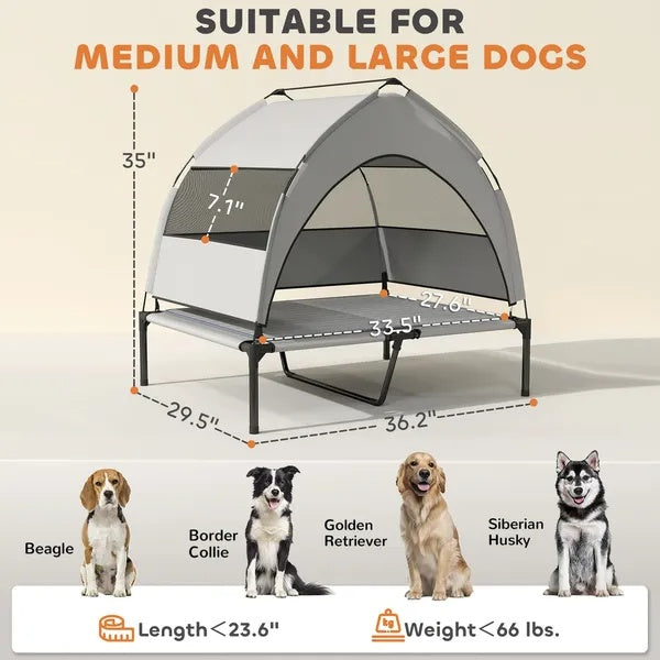 Outdoor Elevated Dog Bed with Canopy – Portable Raised Pet Cot with Cooling Pad