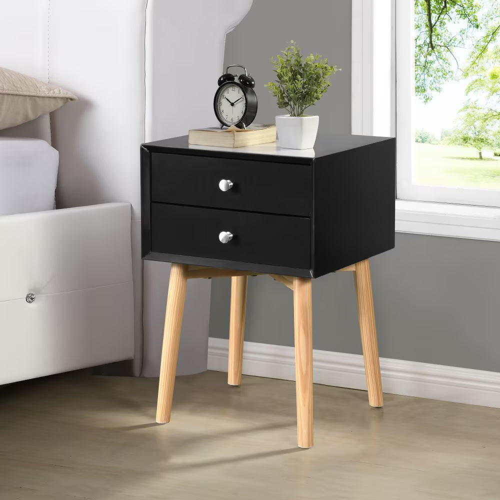 Mid-Century Modern Bedside Table With 2 Drawers, Rubber Wood Legs Nightstand Storage Cabinet