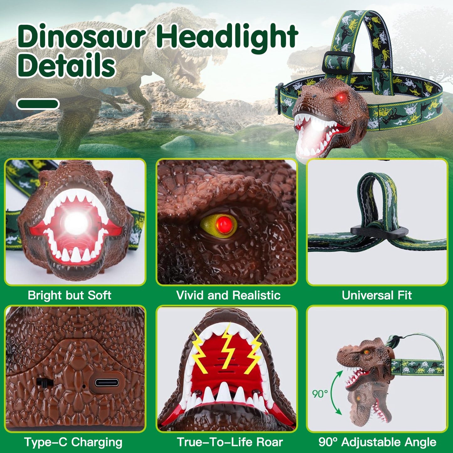 Dinosaur Kids Headlamp Flashlight with Roar Sound 4 Modes