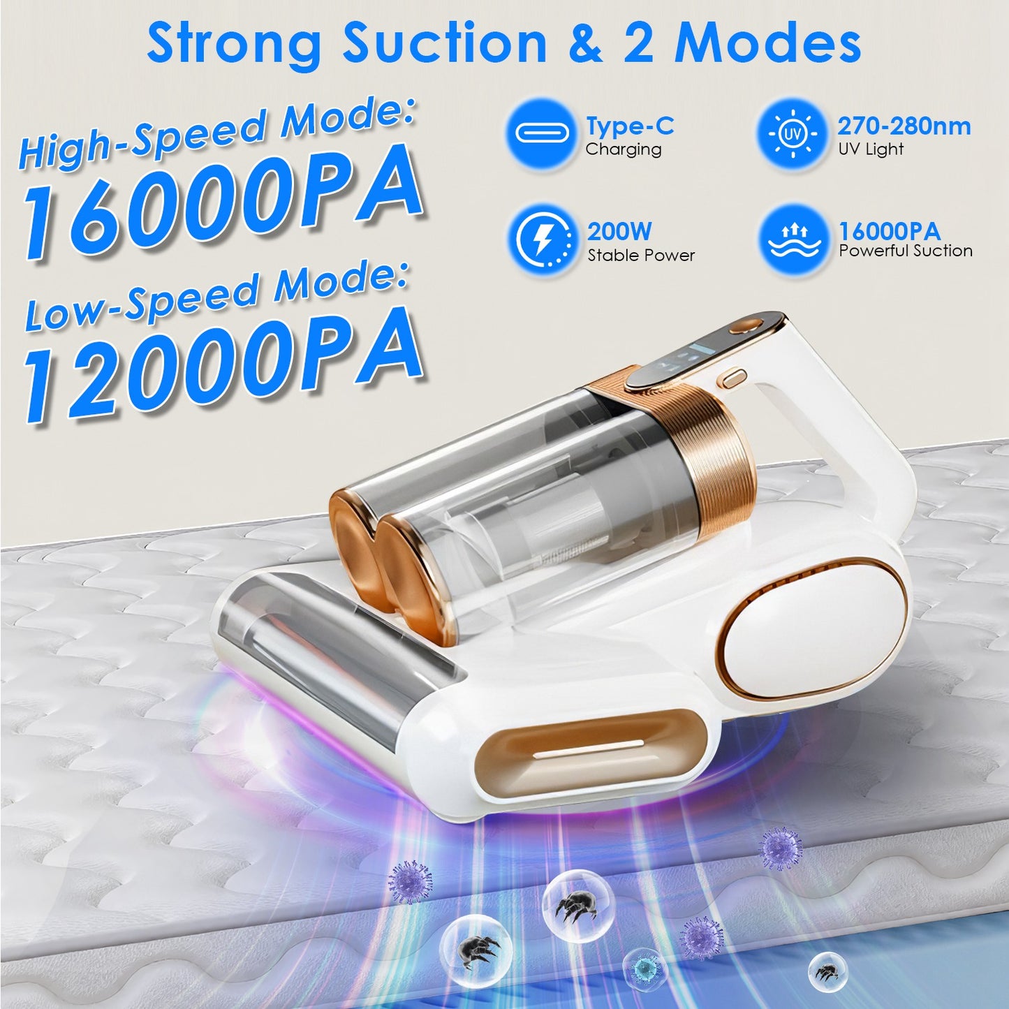 16KPa Mattress Vacuum Cleaner Handheld UV Bed Vacuum