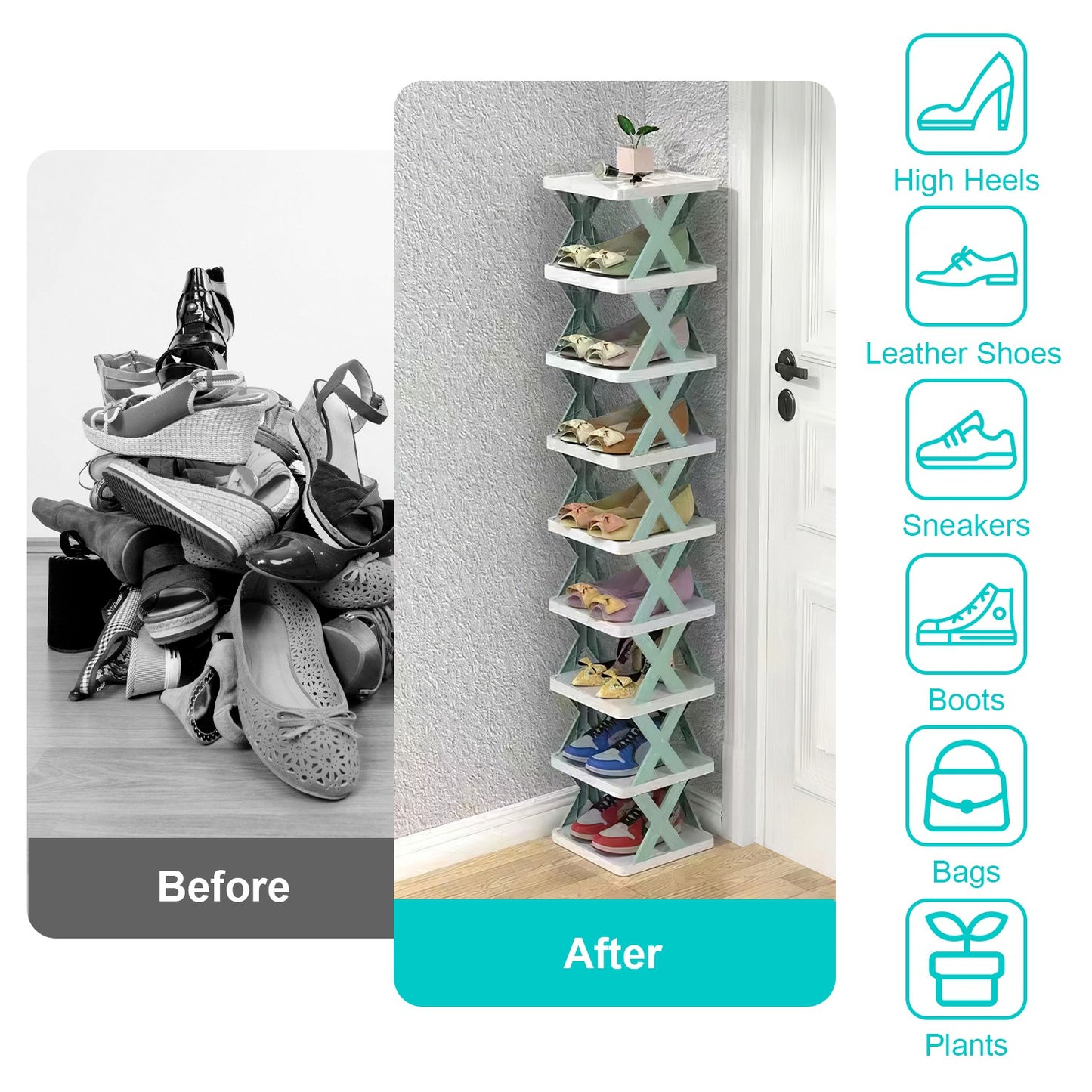 9-Tier Narrow Entryway Shoe Rack – Vertical Plastic Shoe Organizer, Space-Saving Free-Standing Shelf