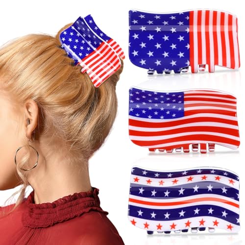 3PCS American Flag Hair Claw Clips – USA Patriotic Red, White & Blue