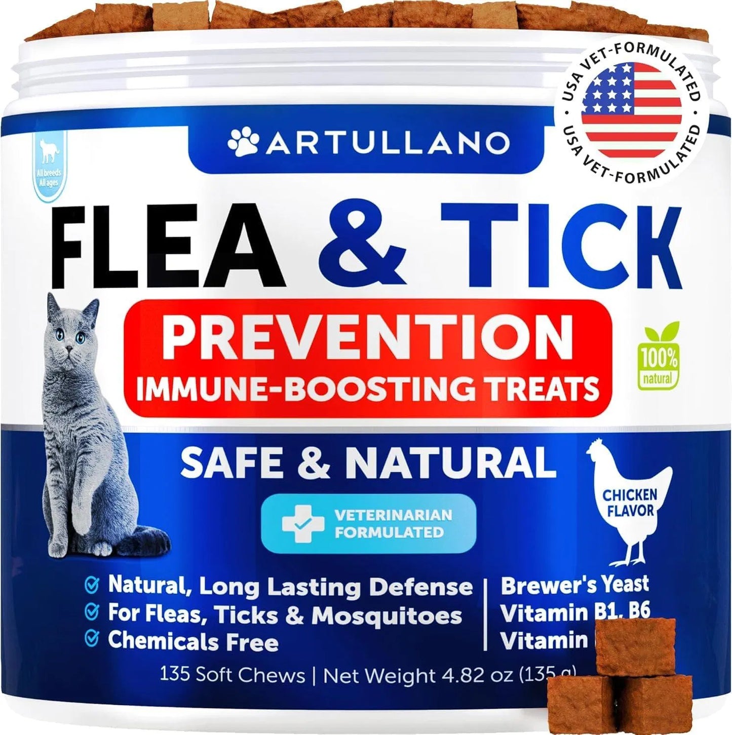 Natural Flea & Tick Supplement for Cats & Kittens Daily Chewable Soft Treats with Vitamins – 135 Chews