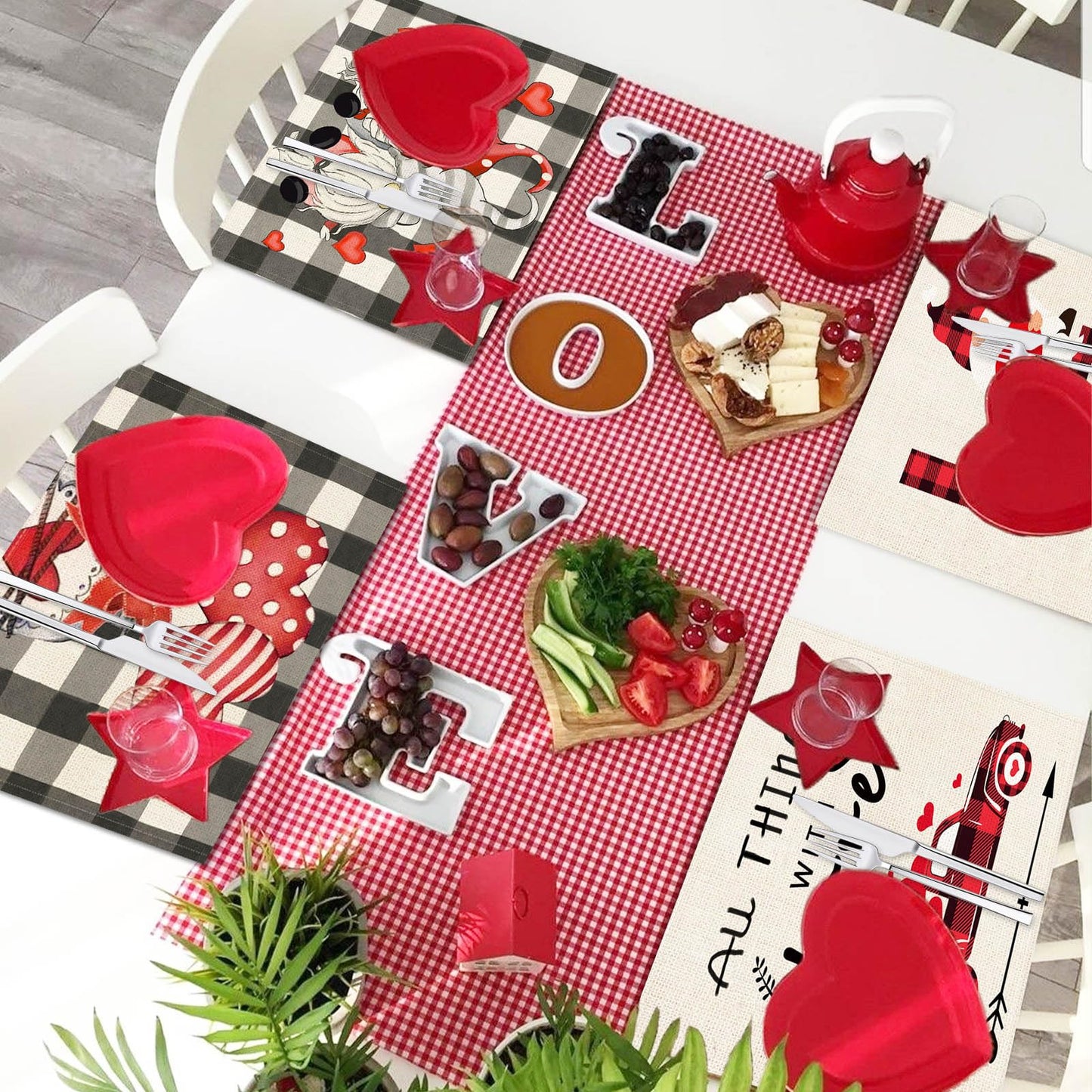 Valentine’s Day Placemats Set of 4 – Gnomes & Hearts Holiday Table Decor
