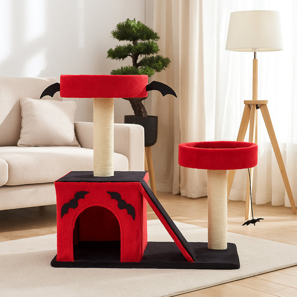 Halloween Cat Tree for Large Cats – Gothic Cat Tower with Condo, Perches, Scratching Posts & Ladder (Red & Black)