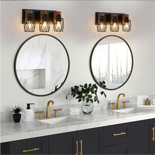 18-Inch Industrial 3-Light Wall Sconce Black Cage Wooden Accents