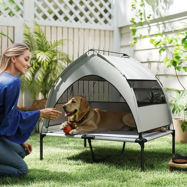 Outdoor Elevated Dog Bed with Canopy – Portable Raised Pet Cot with Cooling Pad