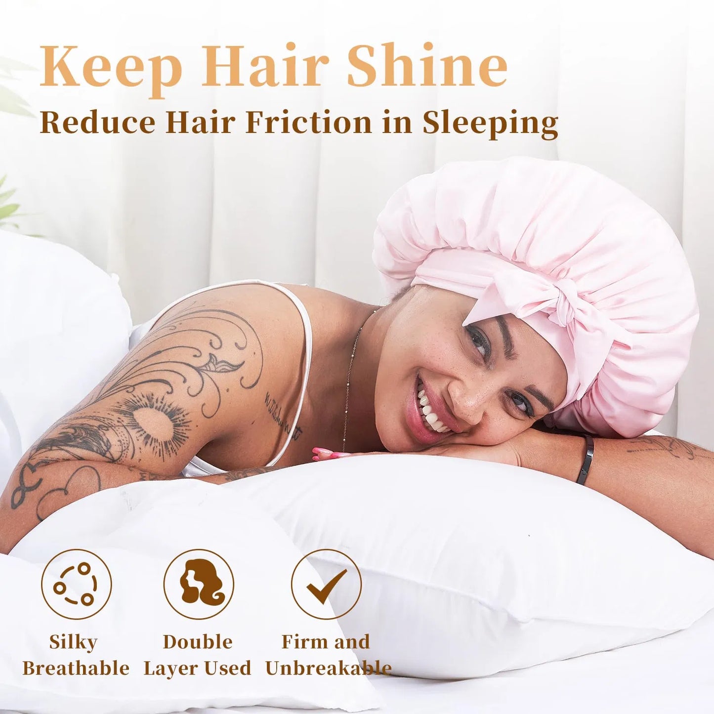 Silk Bonnet For Sleeping Women, Satin Hair Bonnet For Sleeping For Wavy Curly Natural Hair Women Men - Pink