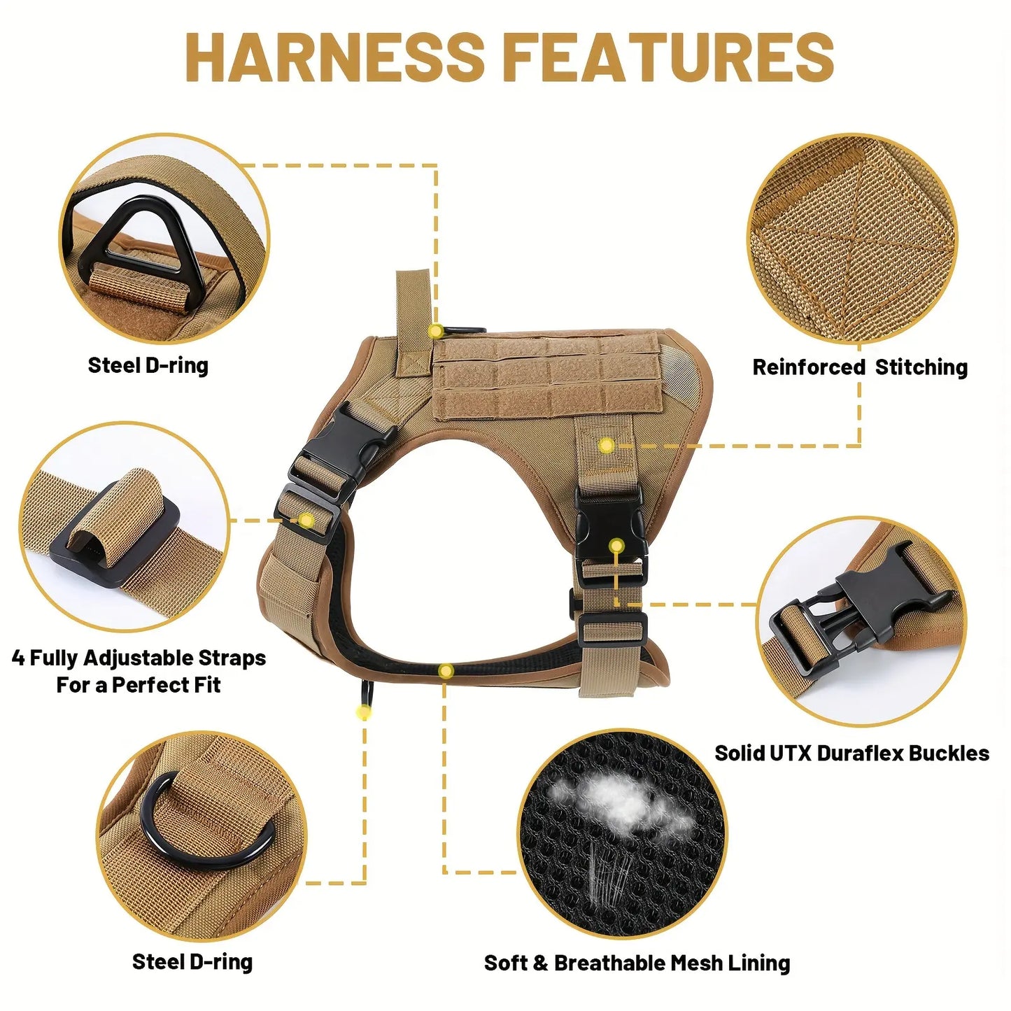 Tactical Service Dog Harness Vest – Adjustable Reflective K9 Harness with Metal Buckle for Training & Hiking