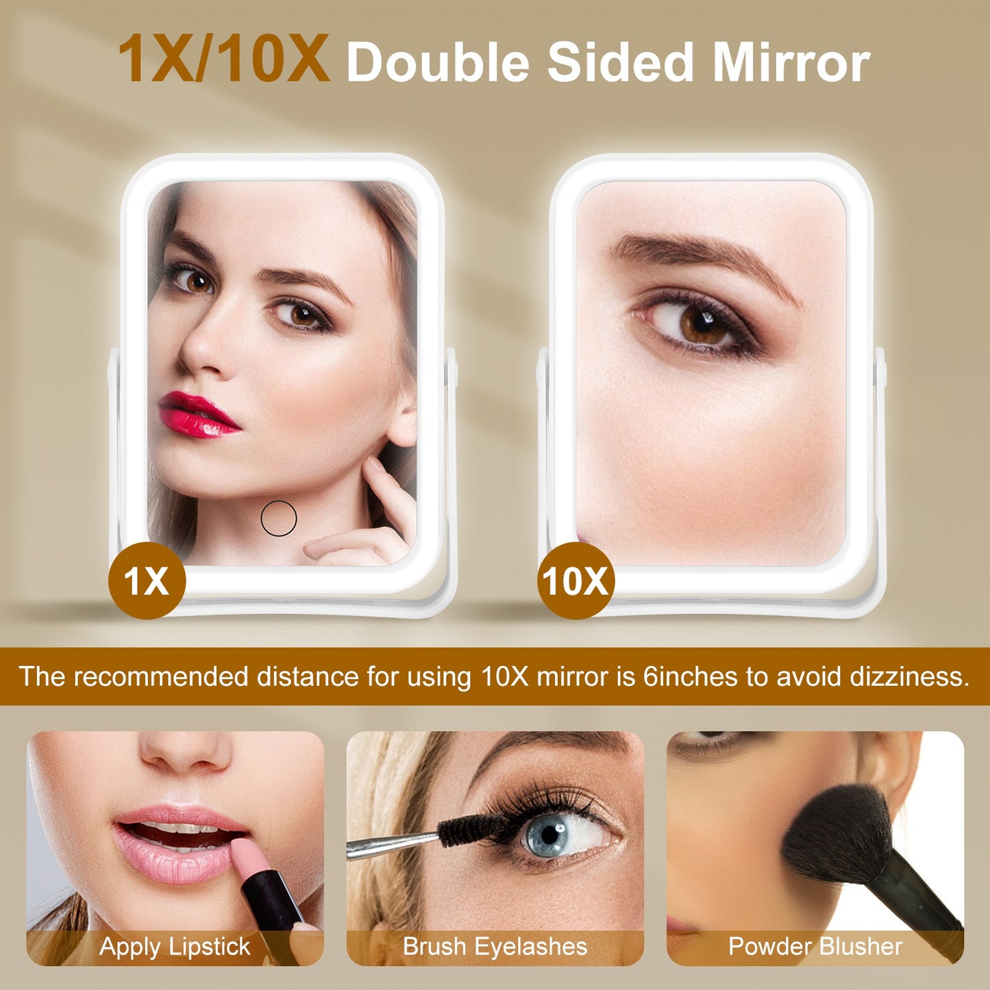 10X Magnifying Lighted Double-Sided Travel Makeup Mirror - USB Rechargeable
