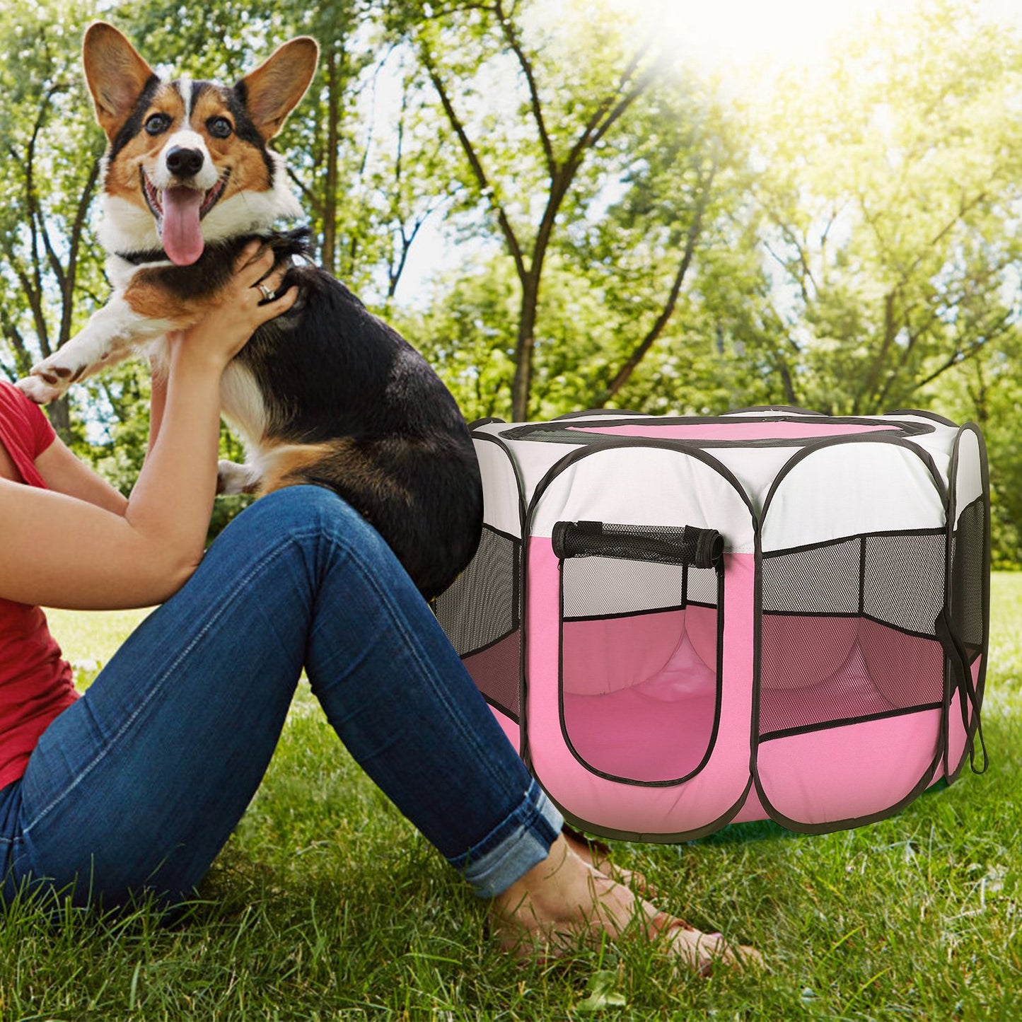 Pink & Blue Portable Foldable Pet Tent Exercise Pen – Indoor & Outdoor Kennel with Removable Zipper Top & Bottom, Water-Resistant for Dogs, Cats & Small Pets