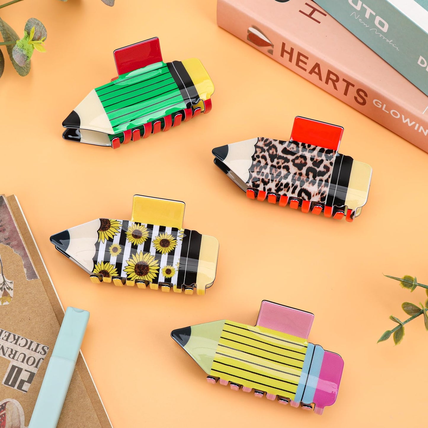 4PCS Pencil Hair Clips – Back-to-School Sunflower, Leopard & Stripe Hairpins