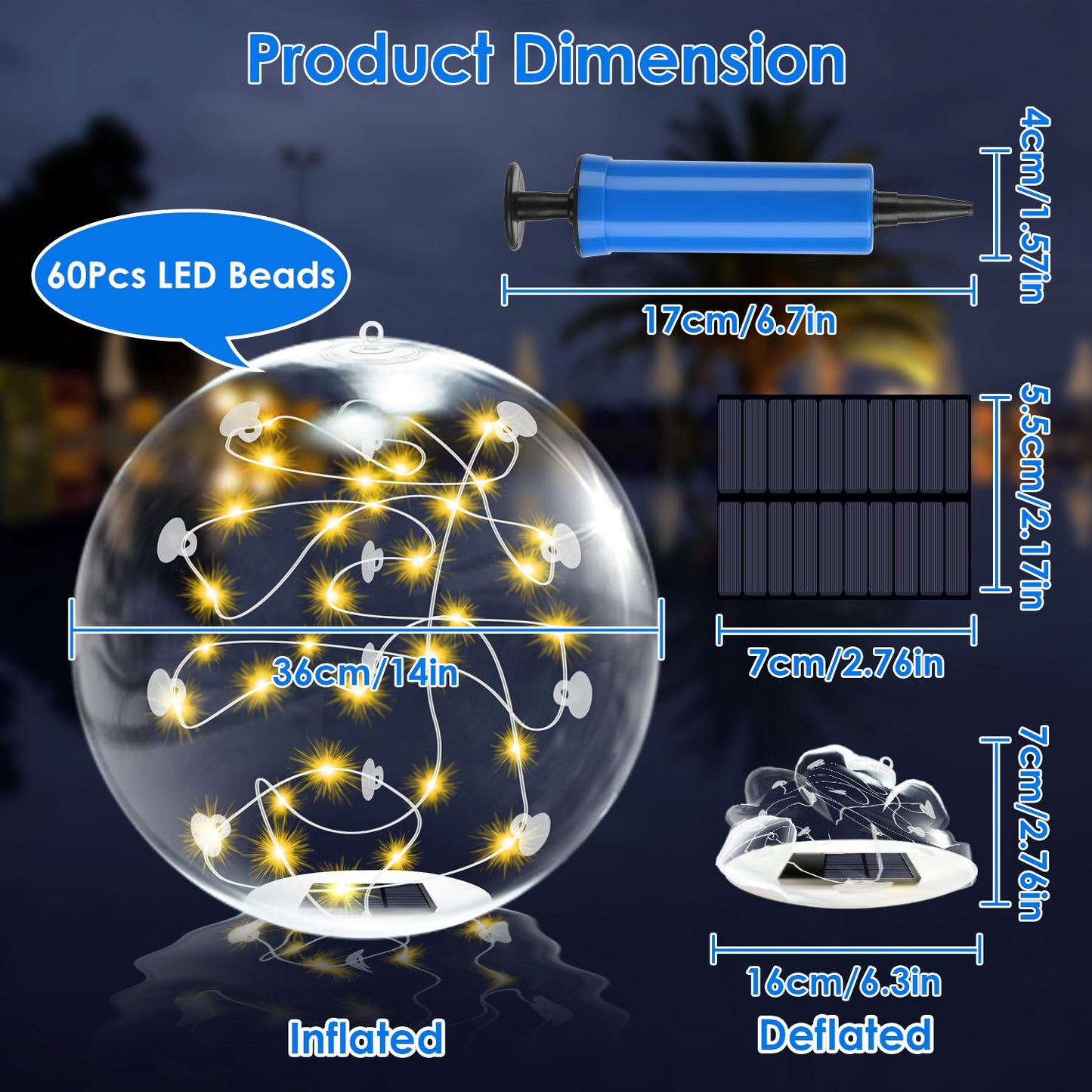 2Pcs 14in Solar Floating Pool Lights IP68 Waterproof With Remote
