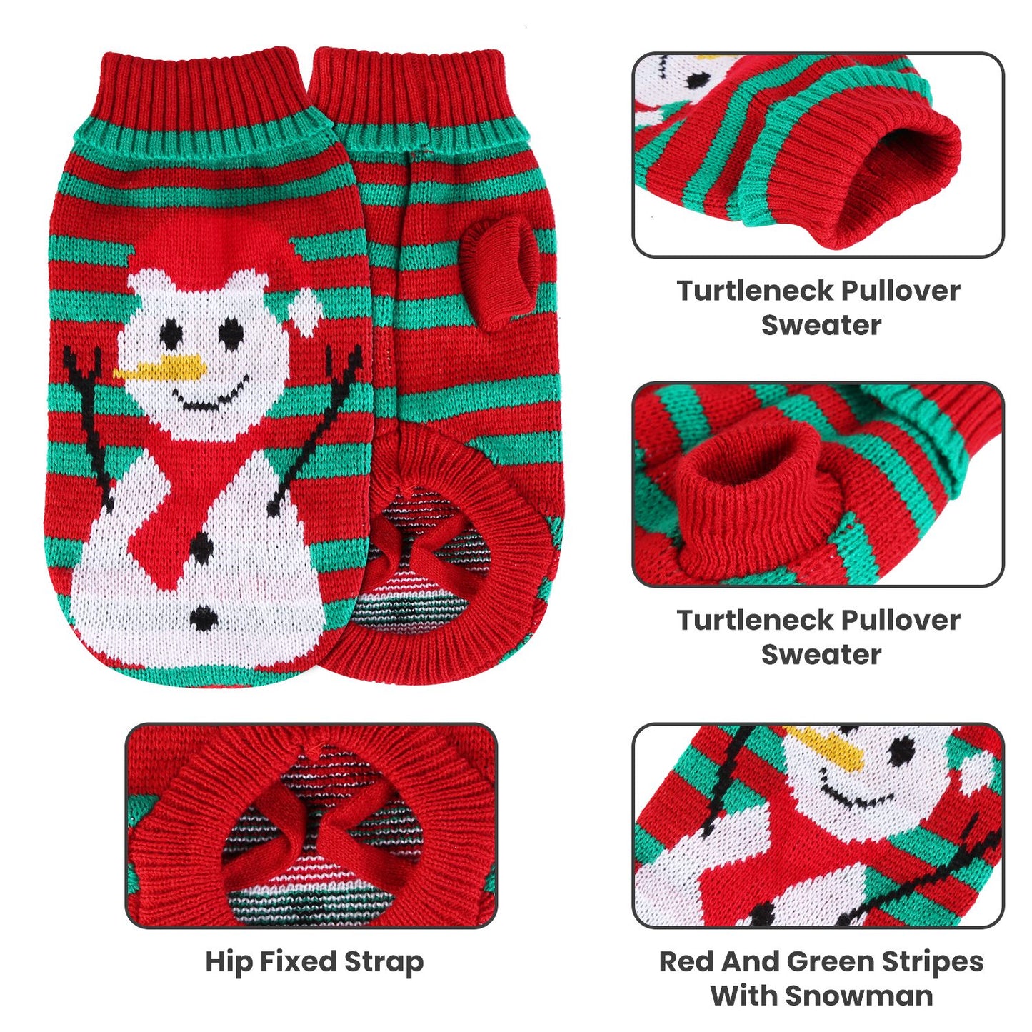 Pet Christmas Turtleneck Sweater – 2 Patterns, 4 Sizes for Dogs & Cats | Snowman & Stripes Holiday Costume