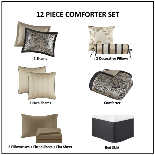12-Piece Black Queen Comforter Set with Cotton Bed Sheets – Complete Bedding Set