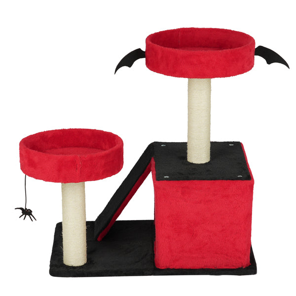 Halloween Cat Tree for Large Cats – Gothic Cat Tower with Condo, Perches, Scratching Posts & Ladder (Red & Black)