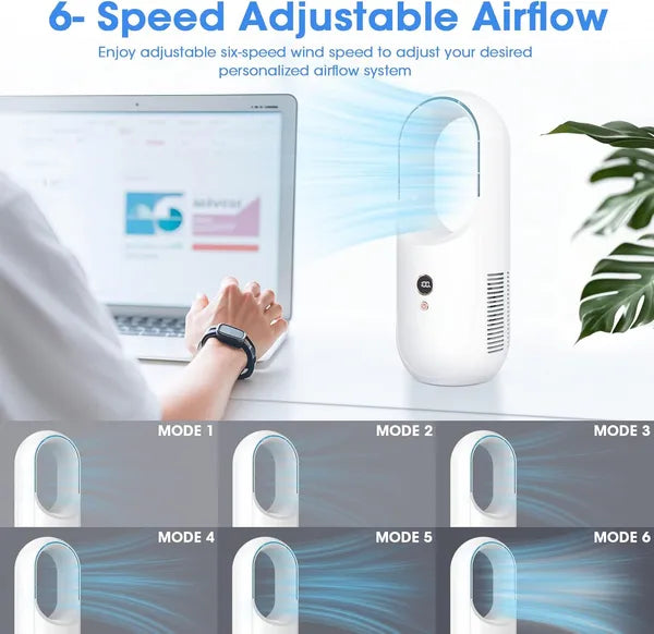 Portable Bladeless Desk Fan Rechargeable 6-Speed Personal Cooling Fan