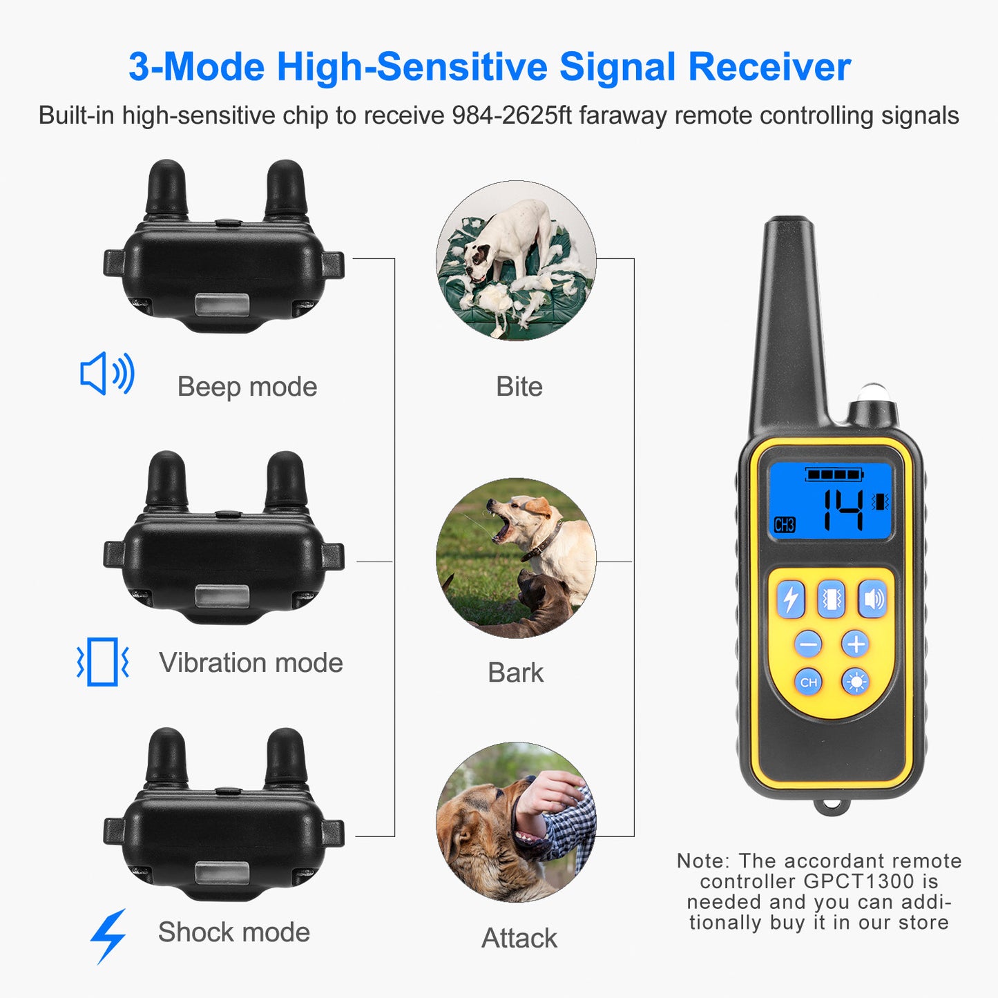 Remote Dog Training Collar IP67 Waterproof Rechargeable Pet Trainer 875 Yard Long Range 4 Modes Adjustable Levels 300mAh Battery